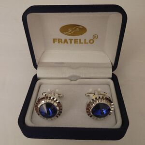 MEN'S FRATELLO BLUE STONE ROUND CUFFLINKS.